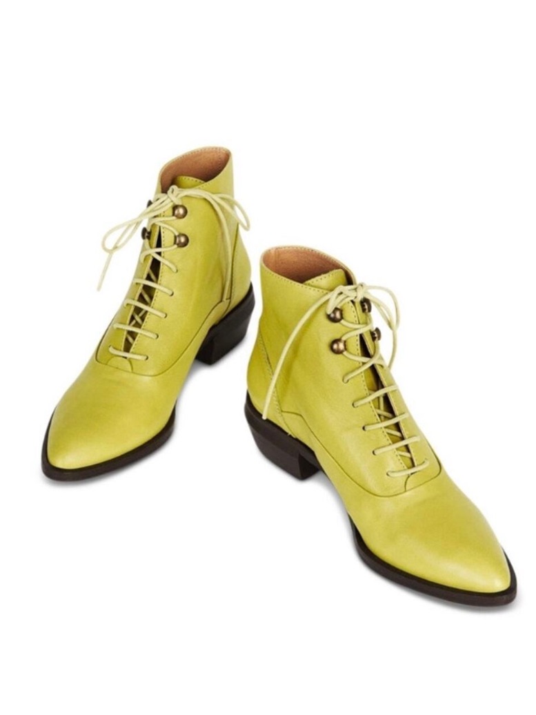 Intentionally Blank, West Lime Green Lace-Up Leather Ankle Boots. Size 39.